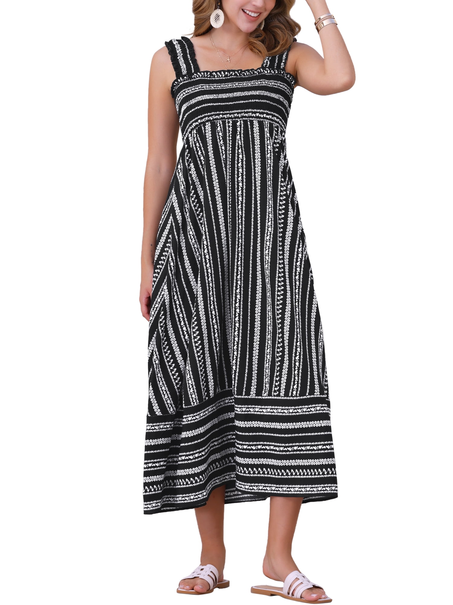 DARING DIVA Boho Maxi Sleeveless Smocked Printed Dress M Black