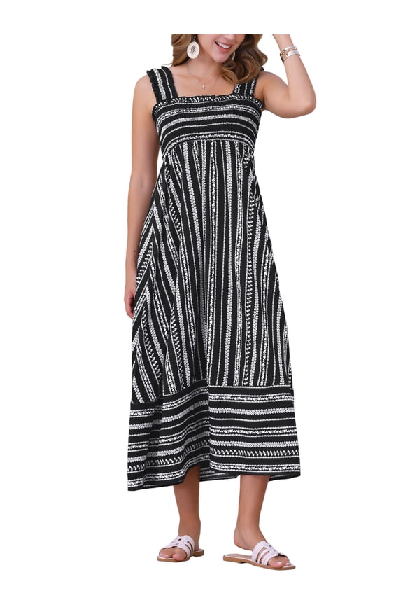 Boho Maxi Sleeveless Smocked Printed Dress XL Black