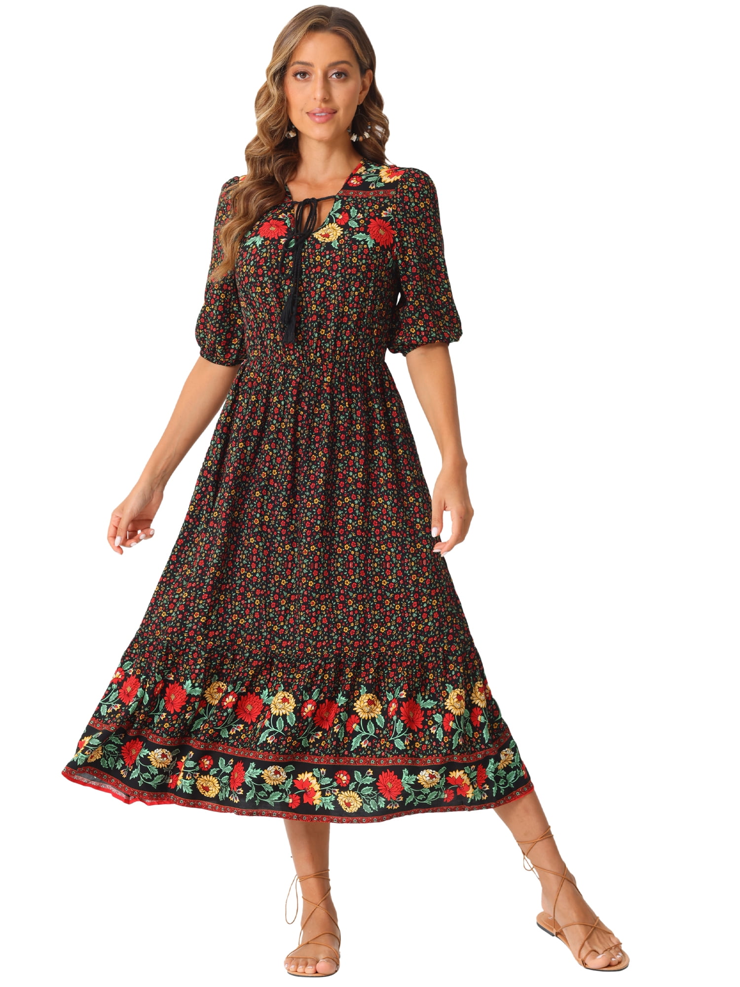 DARING DIVA Boho Midi Drawstring V Neck Dress M Black
