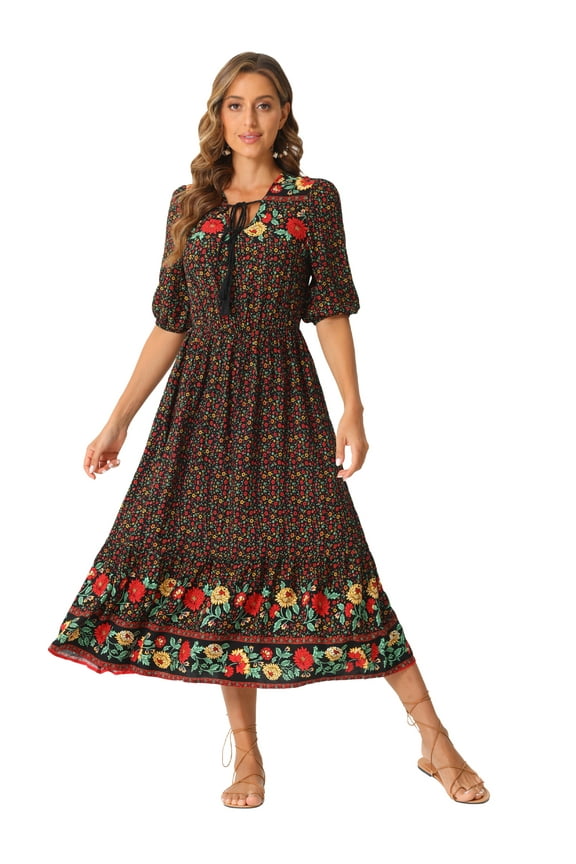 Boho Midi Drawstring V Neck Dress XS Black