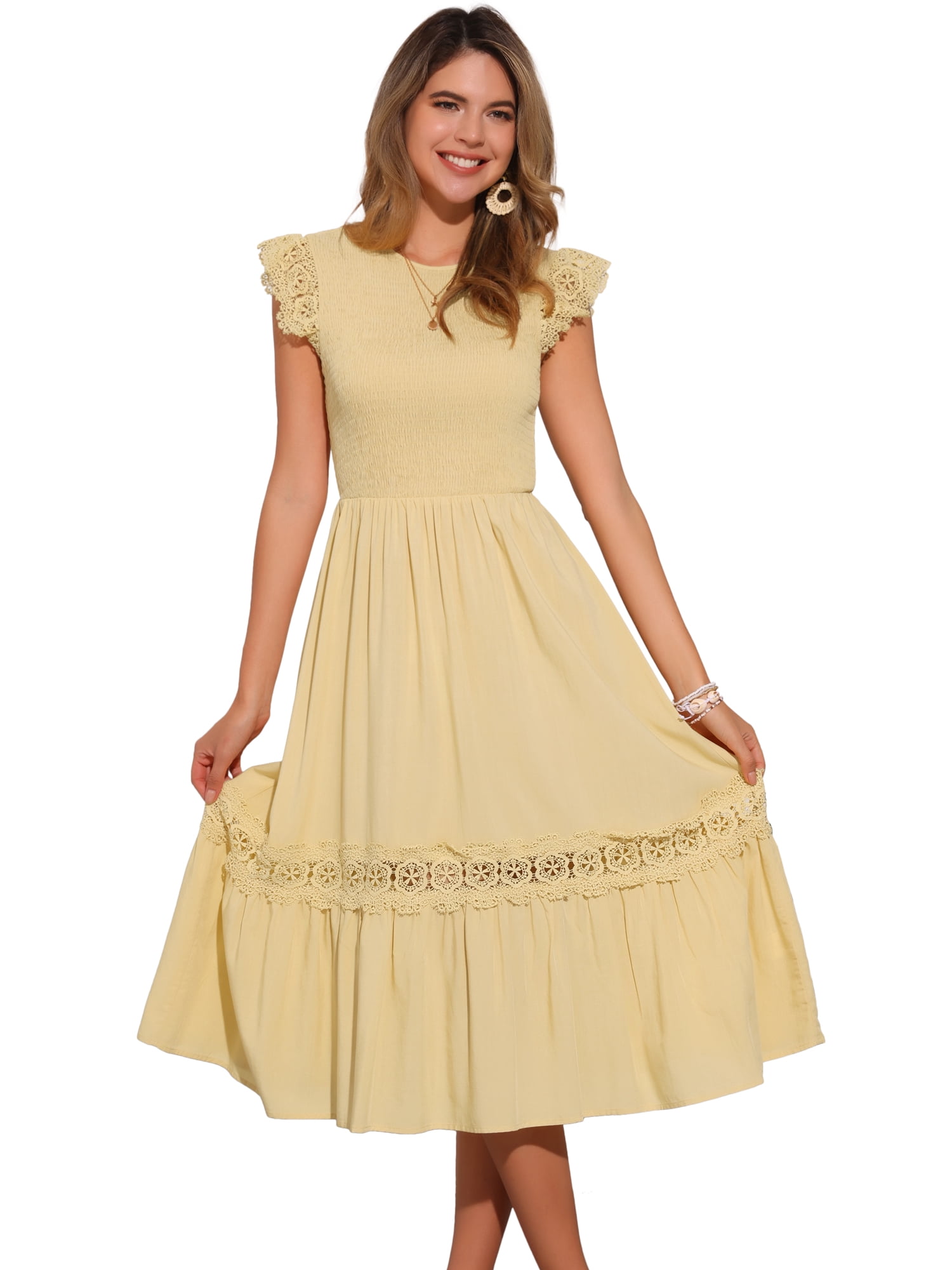DARING DIVA Boho Midi Flutter Sleeve Lace Trim Ruffle Beach Dress L Yellow