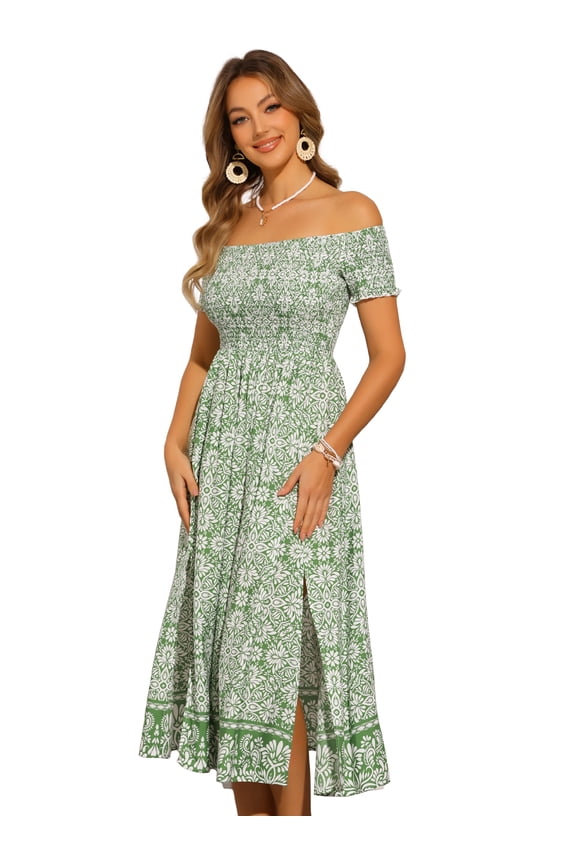 Boho Smock Midi Off Shoulder Summer Events Dress L Green