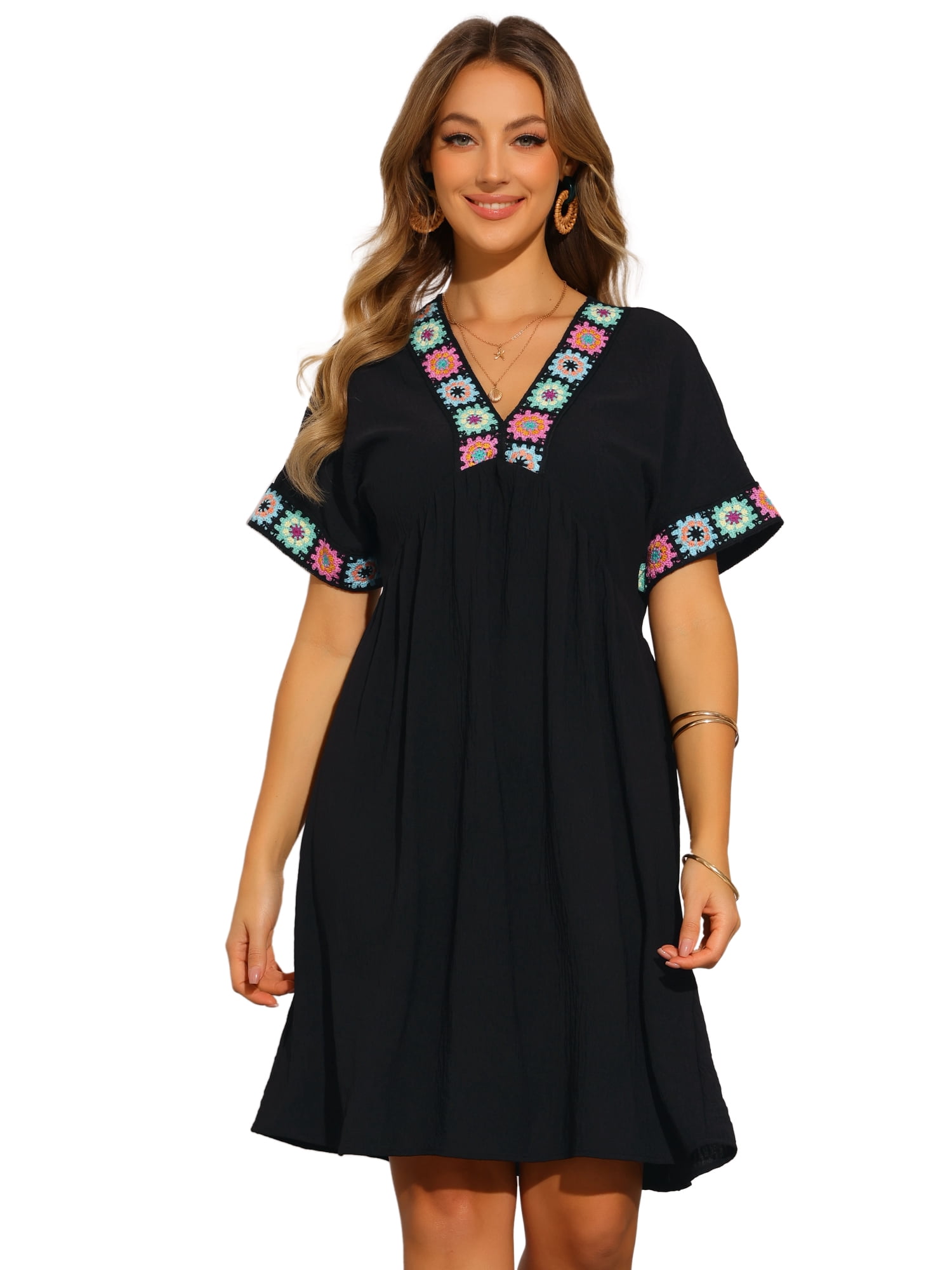 DARING DIVA Boho T-Shirt Casual V Neck Short Sleeve Shift Dress M Black