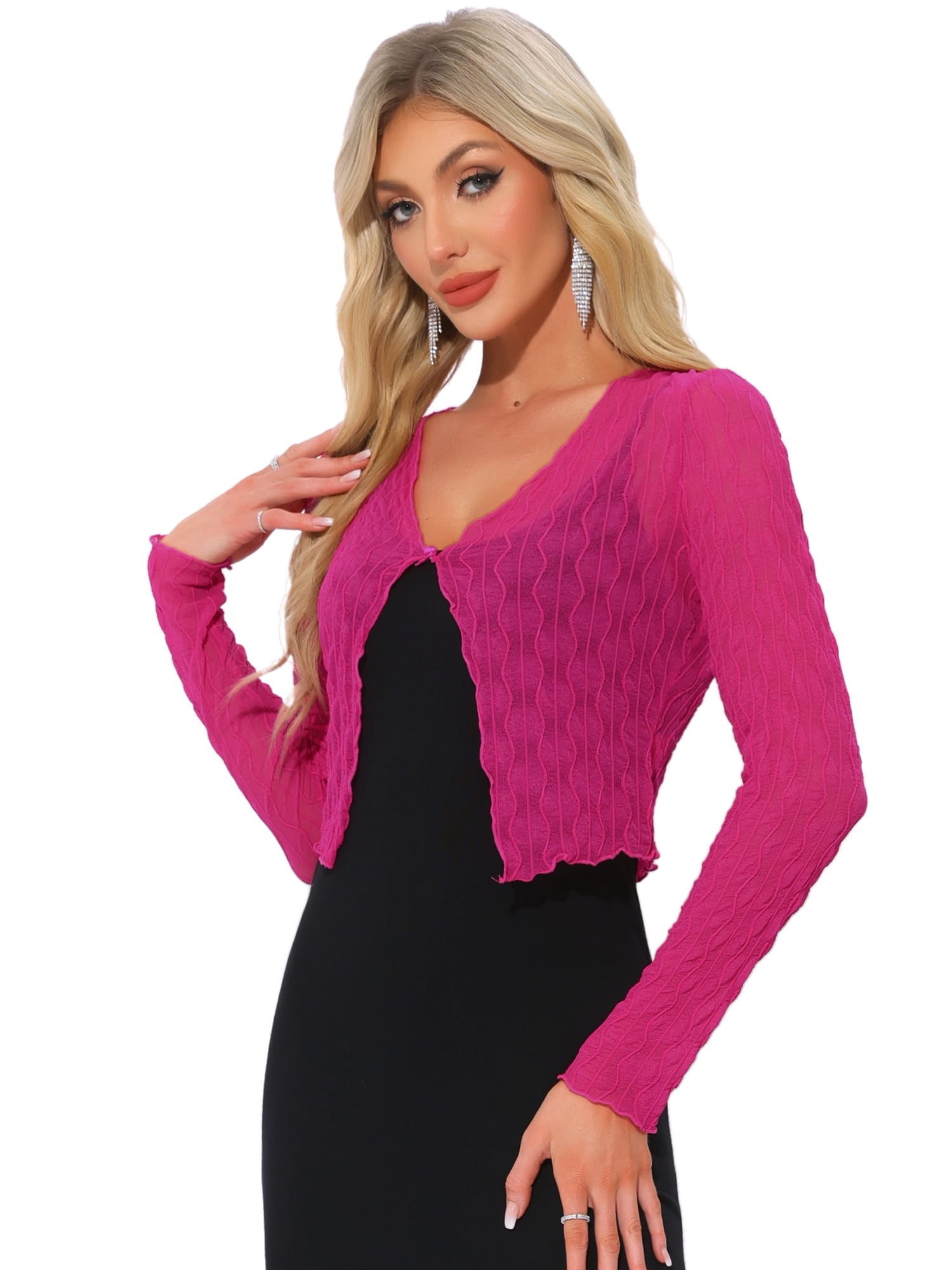 DARING DIVA Women's Bolero Shrug Sheer Mesh Tie Front Textured Crop Shrug L Hot Pink