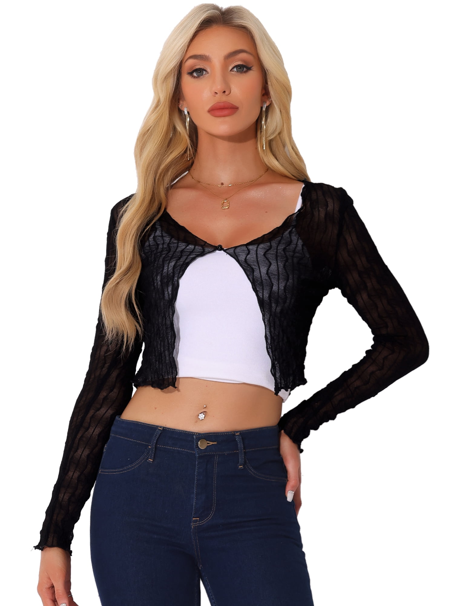DARING DIVA Women's Bolero Shrug Sheer Mesh Tie Front Textured Crop Shrug S Black