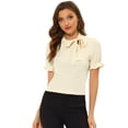 thumbnail image 1 of DARING DIVA Bow Tie Neck Office Elegant Short Sleeve Blouse Top M Beige, 1 of 6