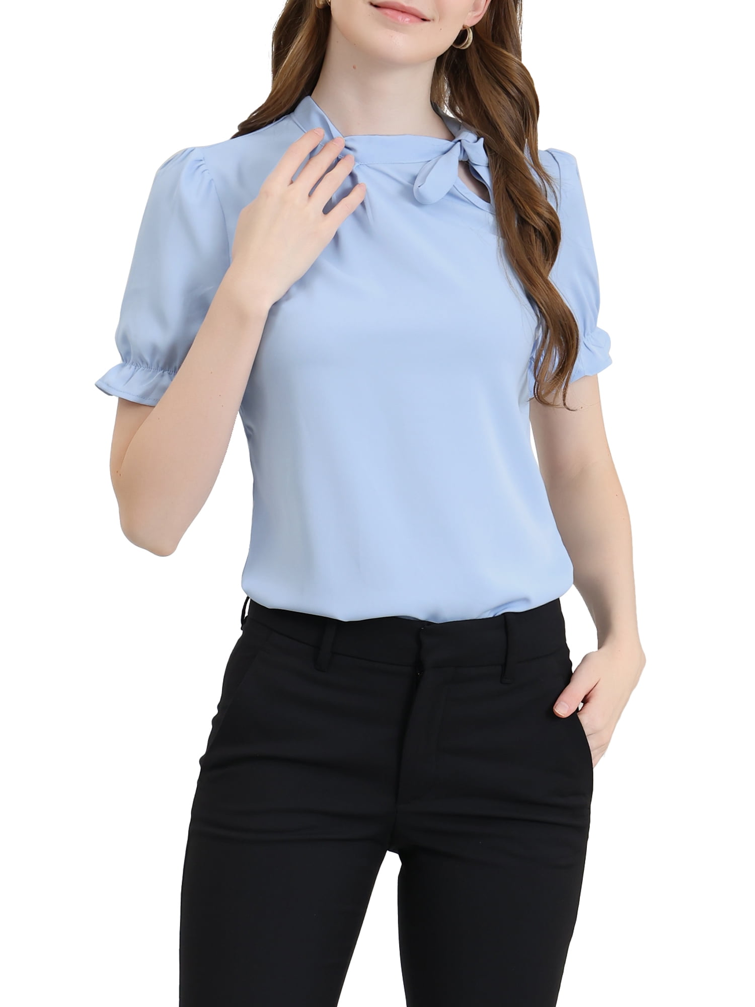 DARING DIVA Bow Tie Neck Office Elegant Short Sleeve Blouse Top M Light Blue