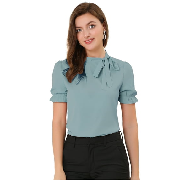 DARING DIVA Bow Tie Neck Office Elegant Short Sleeve Blouse Top XL Mint Blue