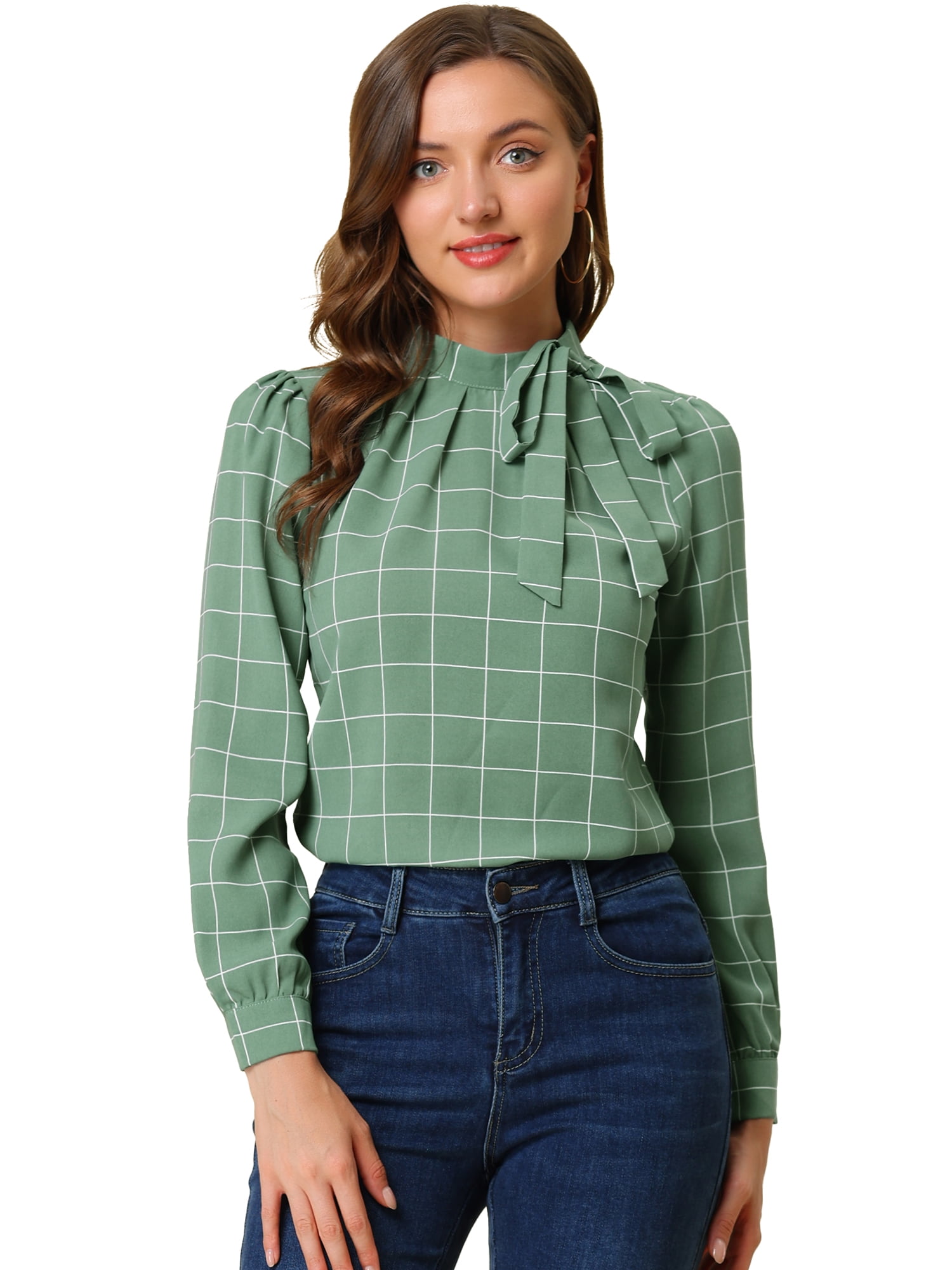 DARING DIVA Bow-Tie Neck Office Work Checks Shirt Top S Green