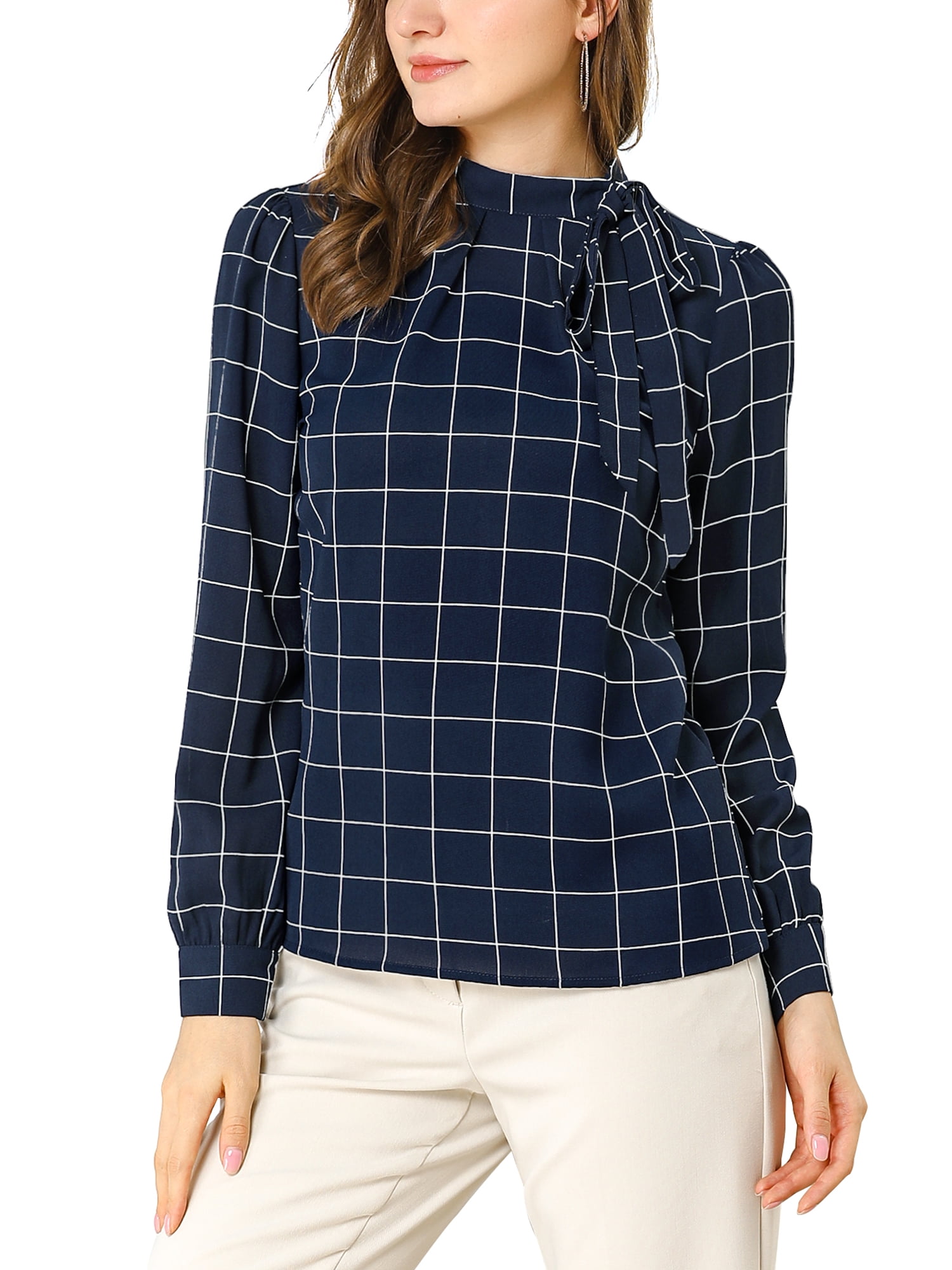 DARING DIVA Bow-Tie Neck Office Work Checks Shirt Top S Navy Blue