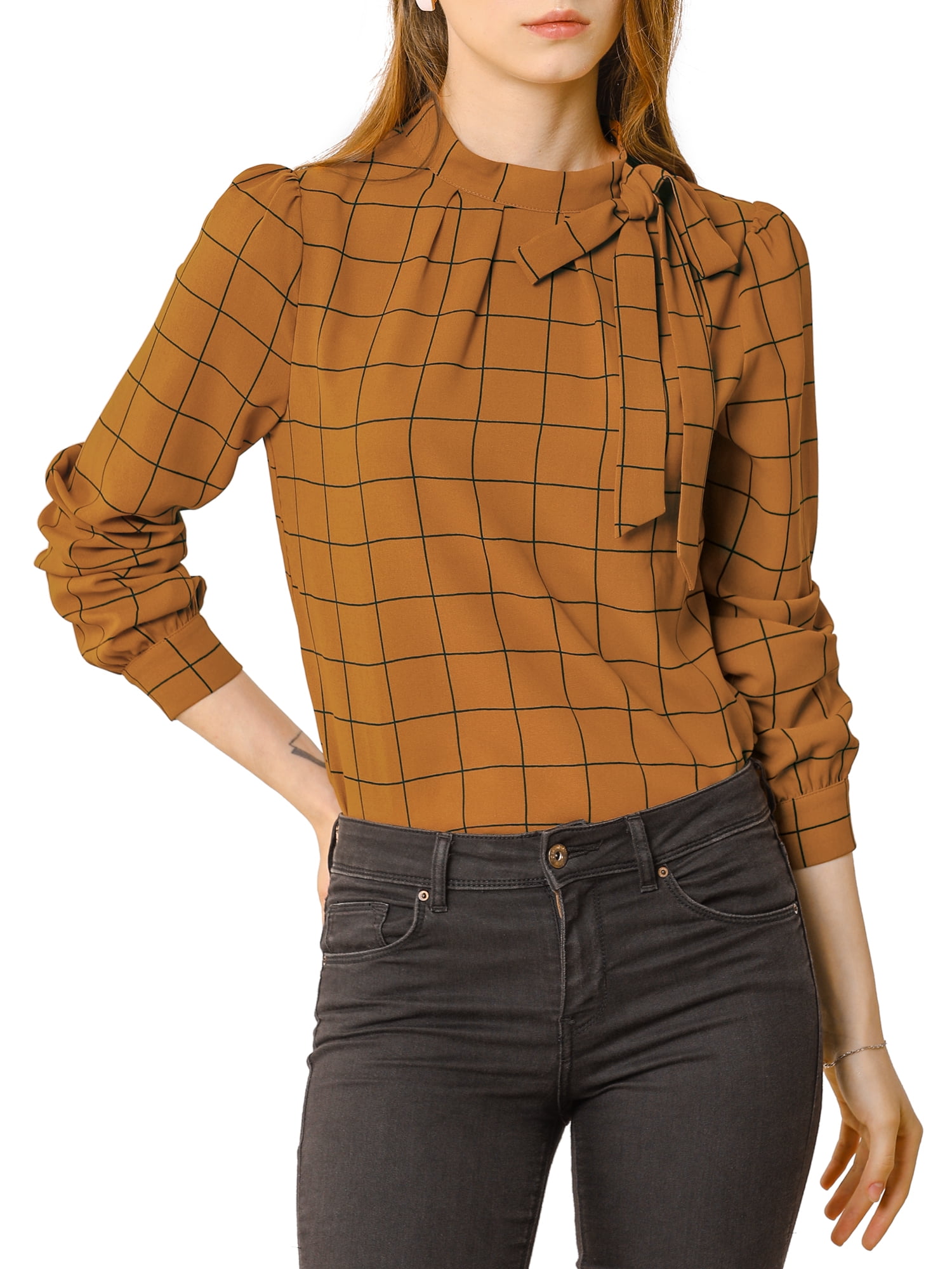 DARING DIVA Bow-Tie Neck Office Work Checks Shirt Top XL Brown