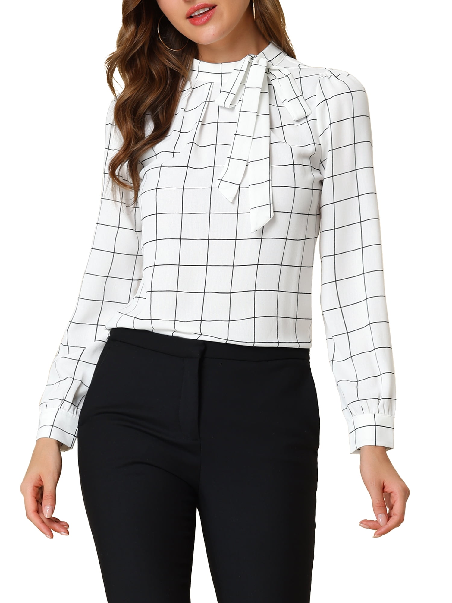 DARING DIVA Bow-Tie Neck Office Work Checks Shirt Top XL White