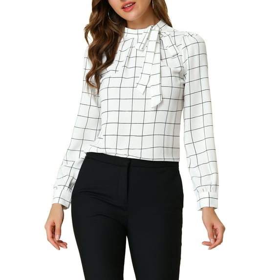 DARING DIVA Bow-Tie Neck Office Work Checks Shirt Top XL White
