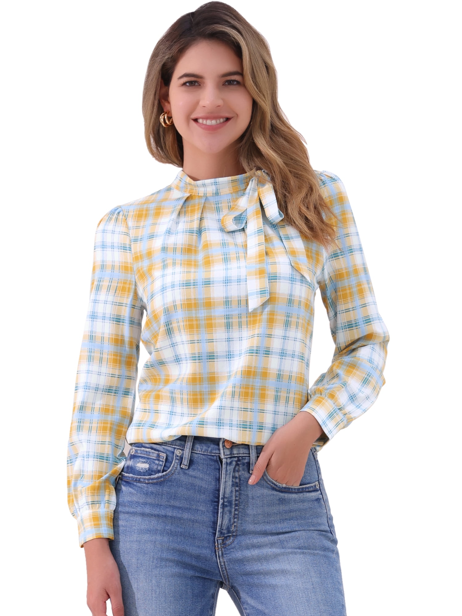 DARING DIVA Bow-Tie Neck Office Work Checks Shirt Top XS White Yellow Green