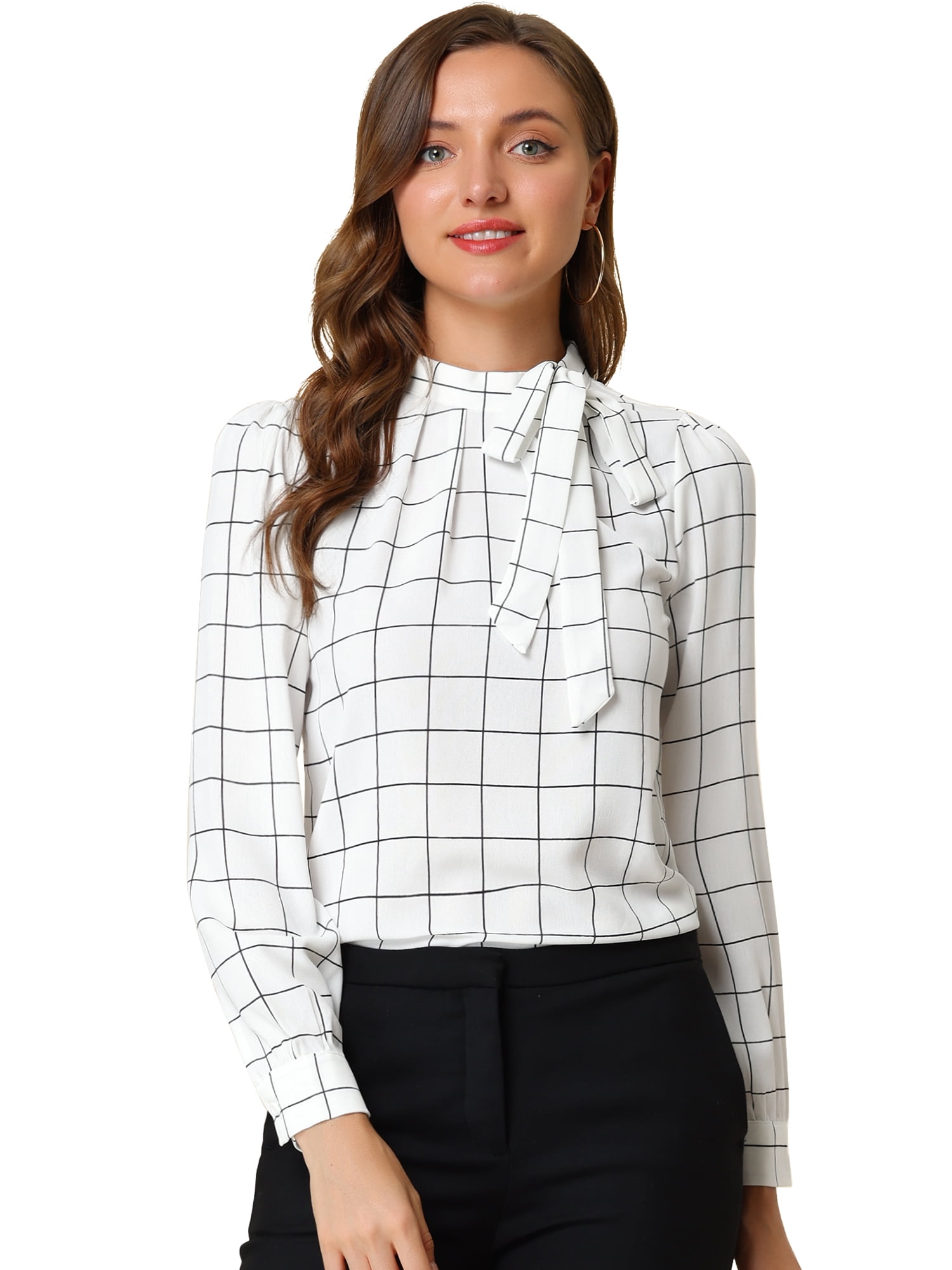 DARING DIVA Bow-Tie Neck Office Work Checks Shirt Top XS White