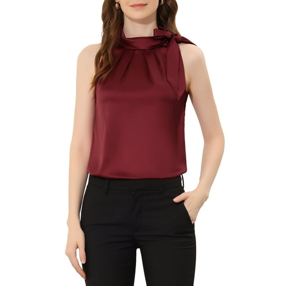 DARING DIVA Bow Tie Neck Solid Work Blouse Top L Burgundy