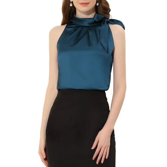 DARING DIVA Bow Tie Neck Solid Work Blouse Top XS Peacock Blue