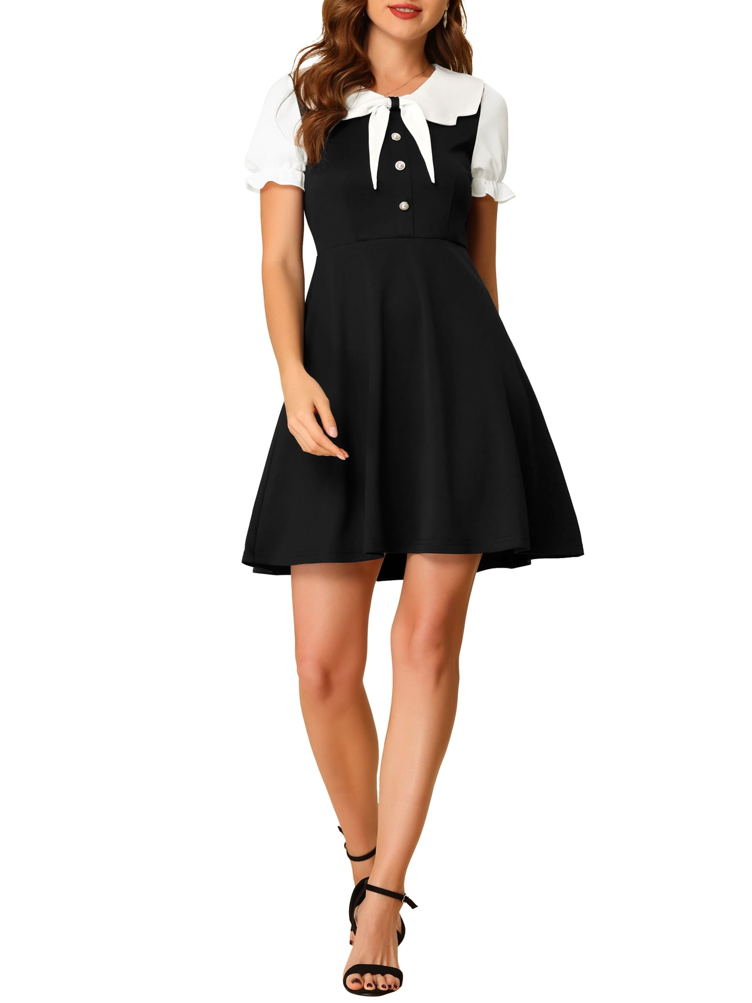 DARING DIVA Bowtie Neck Contrast Doll Collar Short Sleeve A-Line Dress XS Black