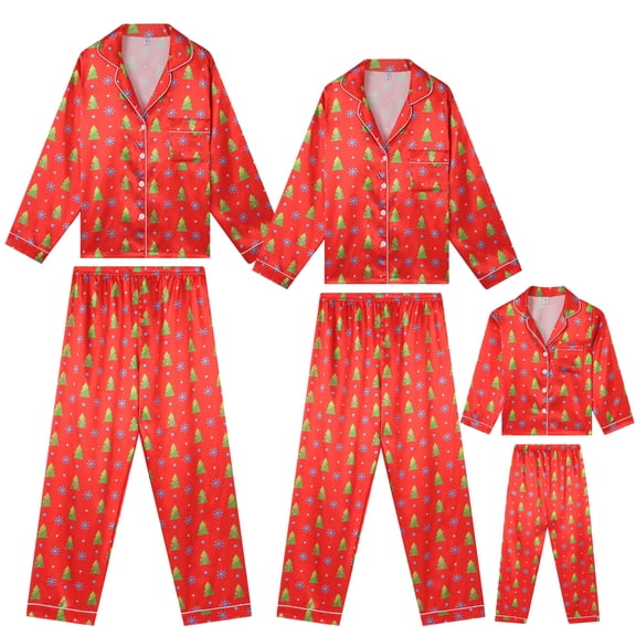 DARING DIVA Boys' & Girls' Christmas Family Satin Tree Print Pajamas Sets L Red