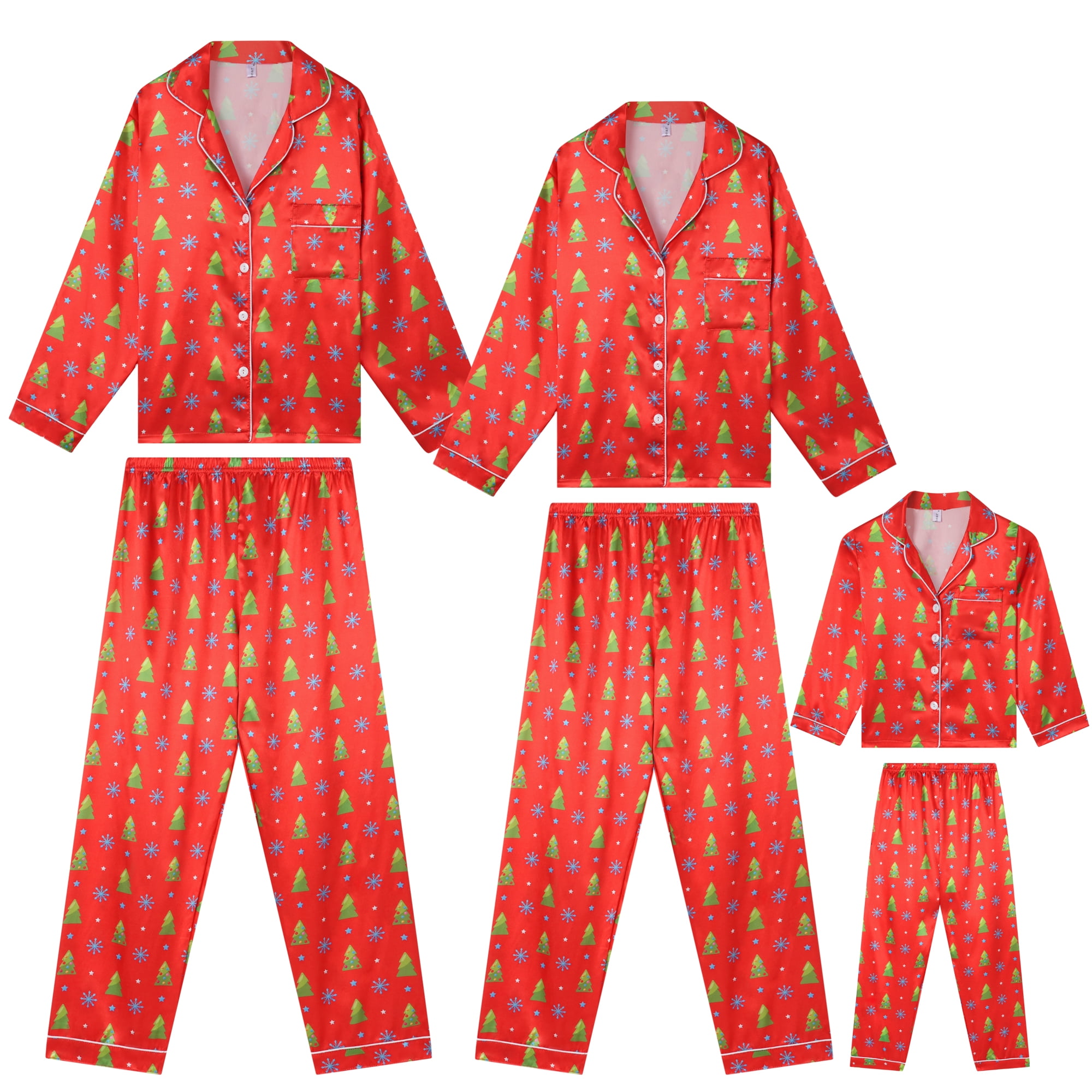 DARING DIVA Boys' & Girls' Christmas Family Satin Tree Print Pajamas Sets S Red