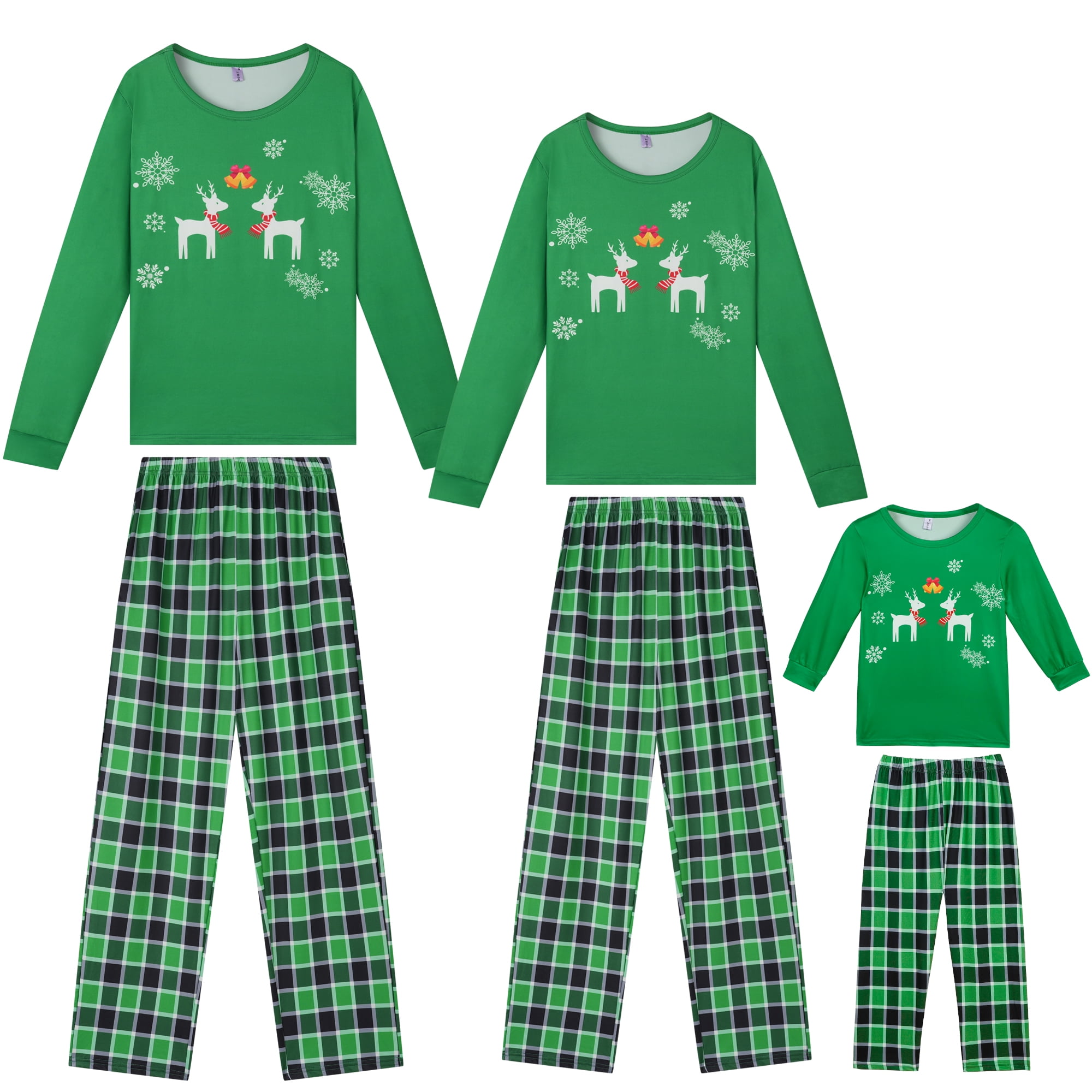 DARING DIVA Christmas Elk Printed Plaid Family Pajama Long Sleeve Tops with Pants Set XS Teen Green