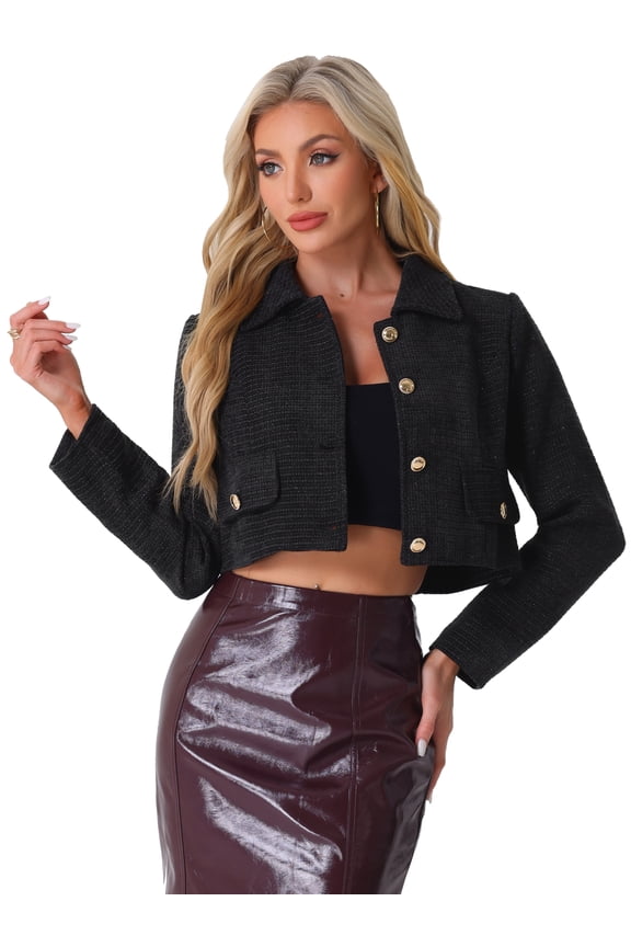 Women's Button Blazer Casual Short Suit Collared Crop Tweed Jacket XL Black