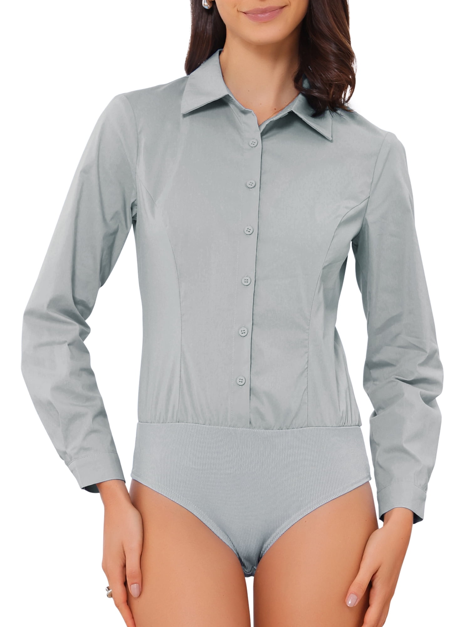 DARING DIVA Button Down Bodysuit Blouse  Casual Top Small Grey