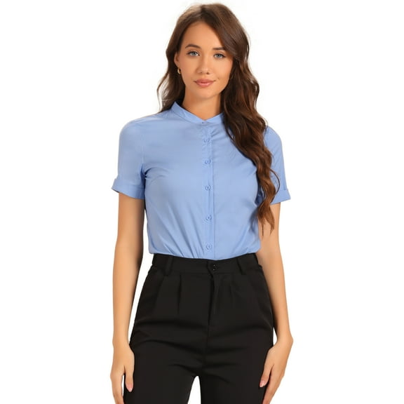 DARING DIVA Button Down Bodysuits Stand Collar Short Sleeve Office Shirt M Blue