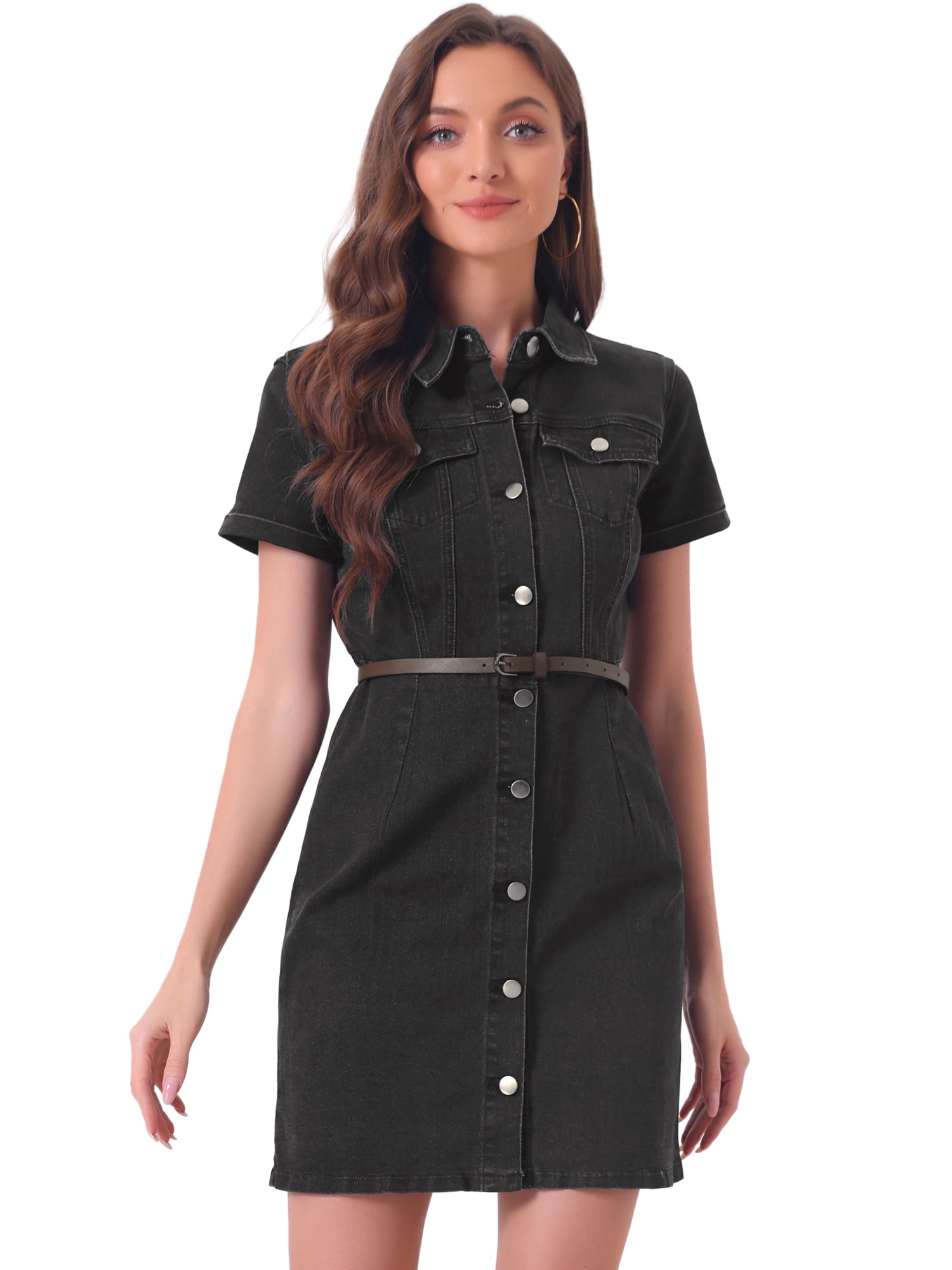 DARING DIVA Button Down Casual Collared Short Sleeve Denim Shirt Dress XS Blue S Black