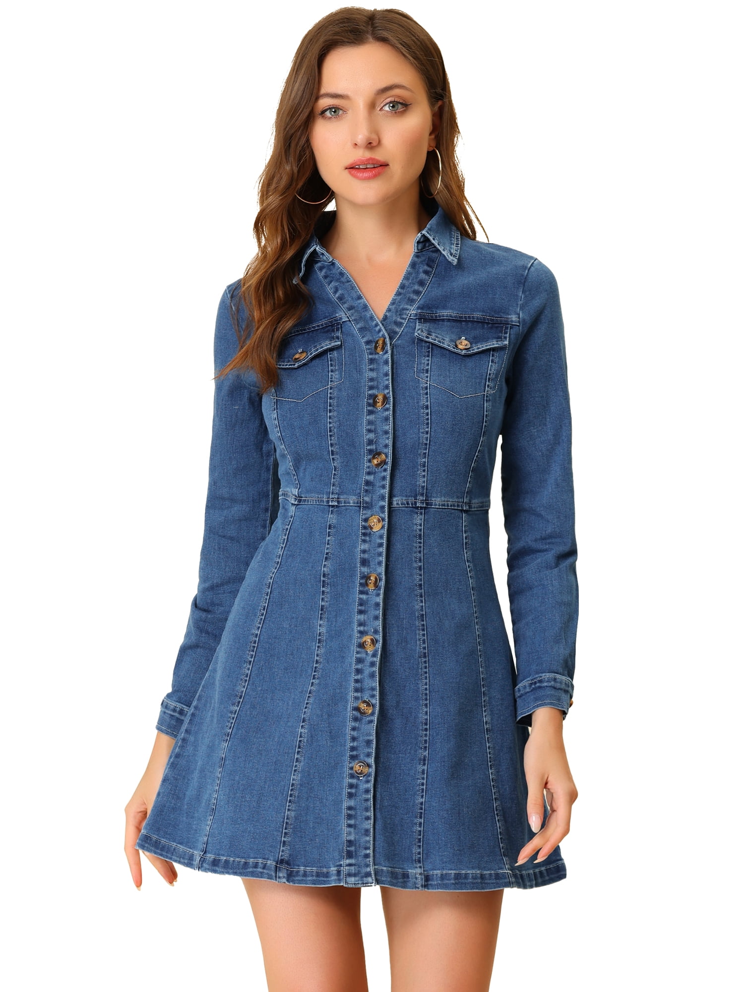 DARING DIVA Button Down Collar V-Neck Roll Up Sleeves Denim Shirt Dress 3XL Blue