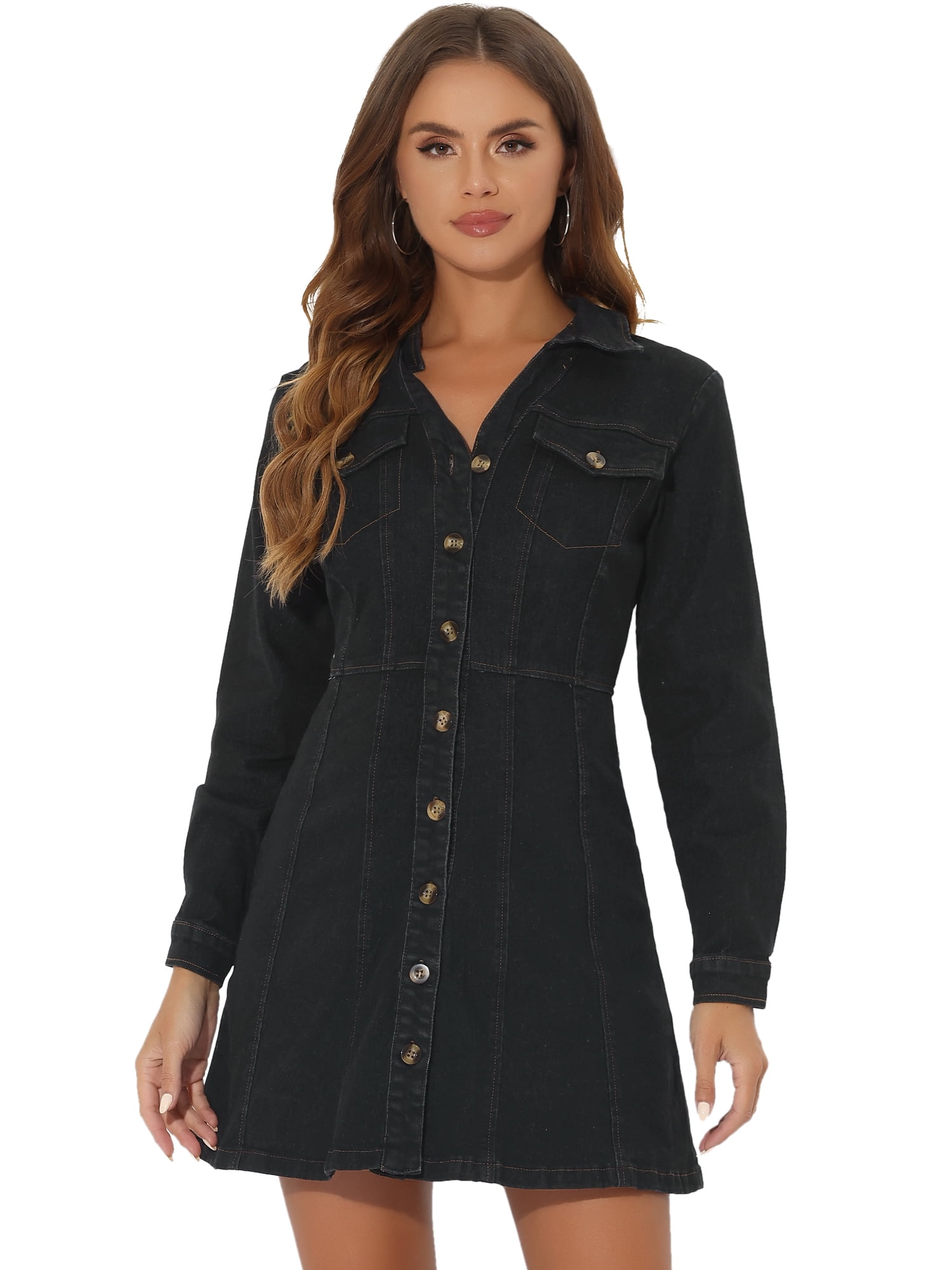 DARING DIVA Button Down Collar V-Neck Roll Up Sleeves Denim Shirt Dress M Black