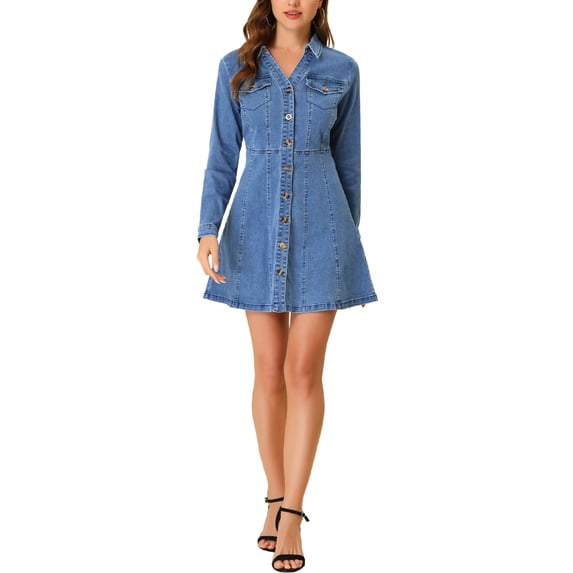 DARING DIVA Button Down Collar V-Neck Roll Up Sleeves Denim Shirt Dress M Light Blue