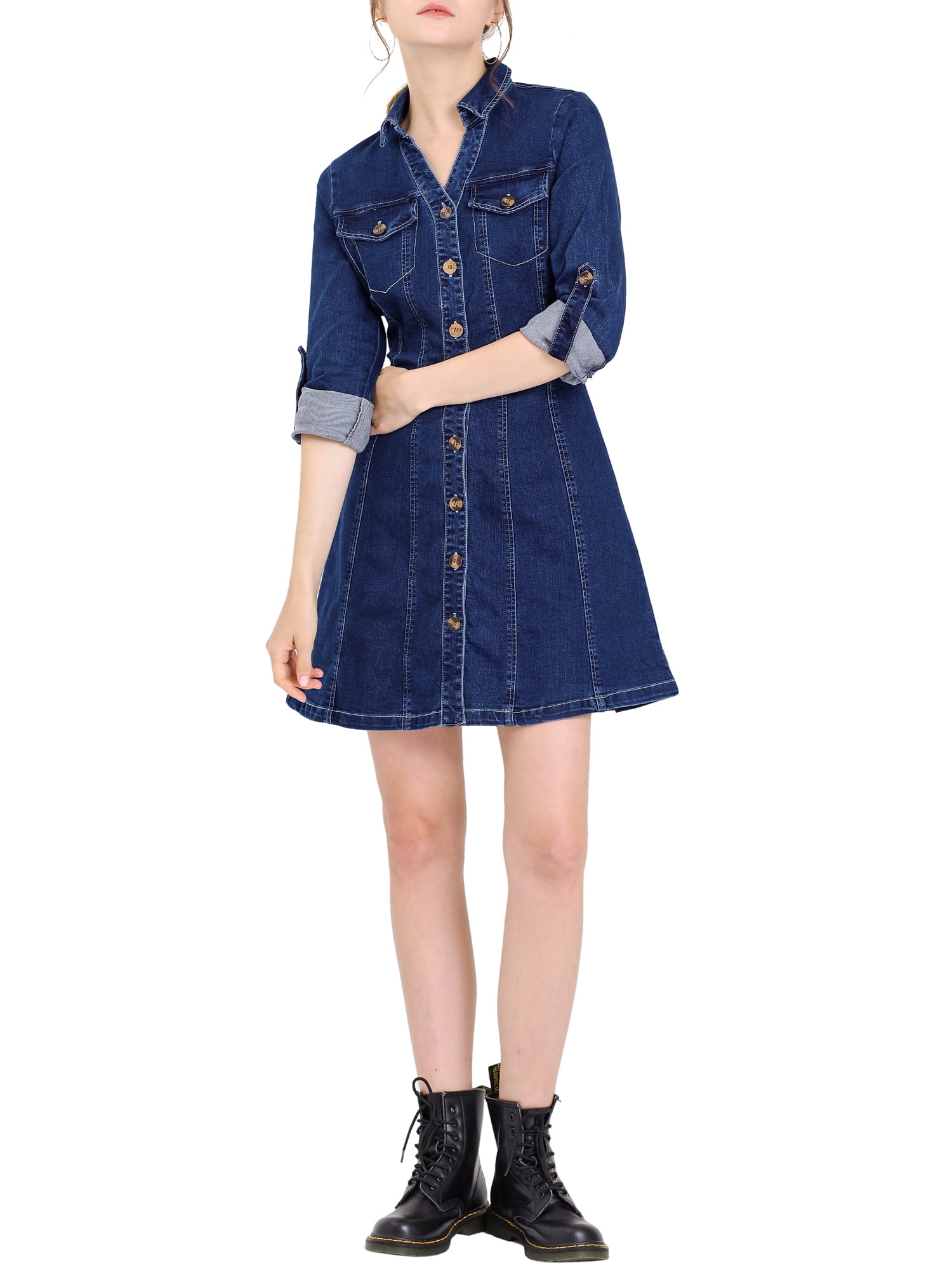 DARING DIVA Button Down Collar V-Neck Roll Up Sleeves Denim Shirt Dress XS Deep Blue