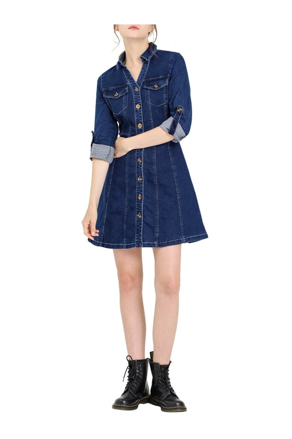 Button Down Collar V-Neck Roll Up Sleeves Denim Shirt Dress XS Deep Blue