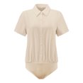 thumbnail image 1 of DARING DIVA Button Down Collared Short Sleeve Leotard Shirt Top Small Beige, 1 of 6