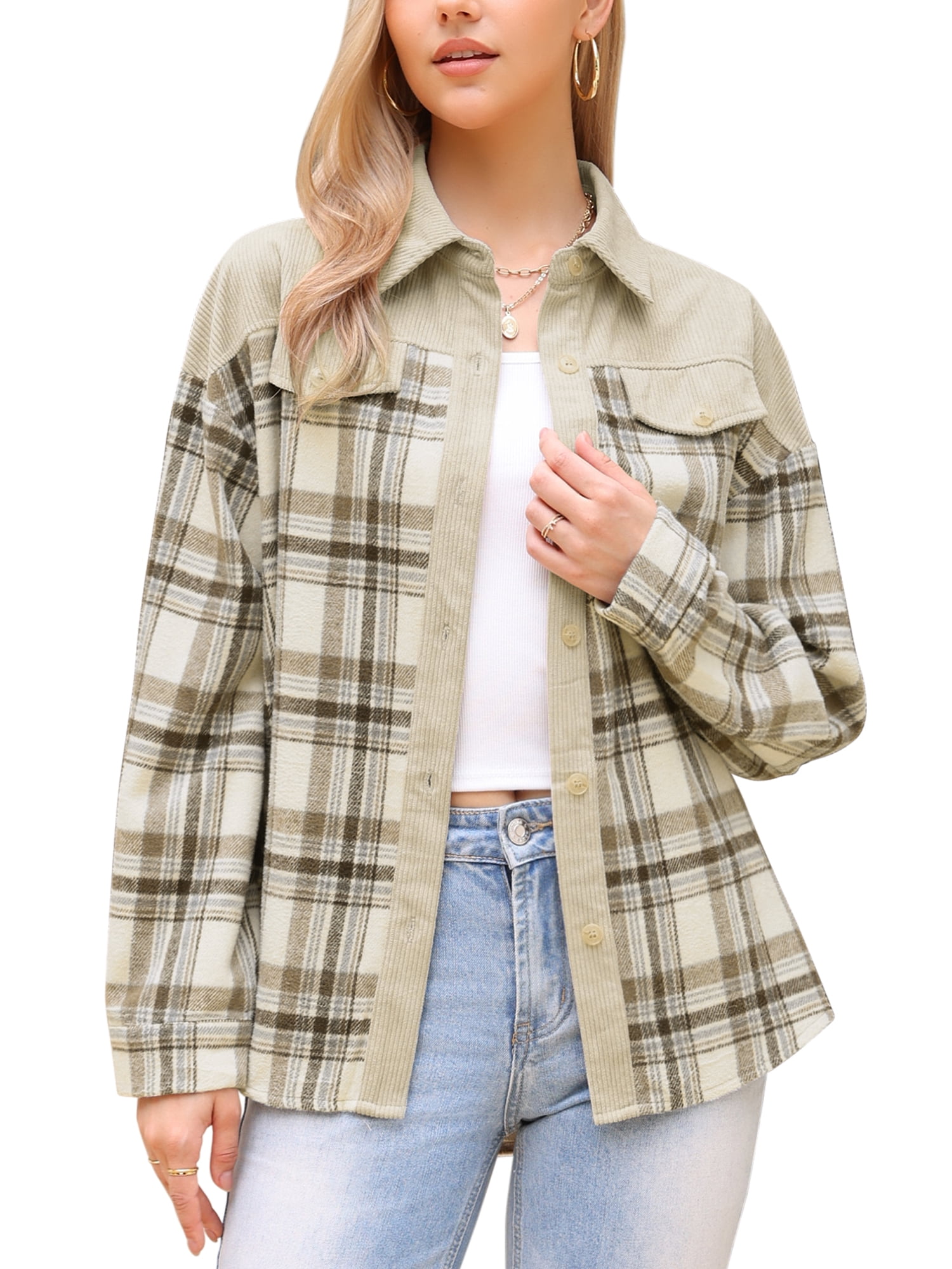 DARING DIVA Button Down Color Block Corduroy Long Sleeve Plaid Shirt M Apricot