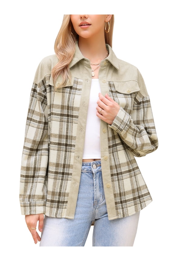 Button Down Color Block Corduroy Long Sleeve Plaid Shirt XS Apricot