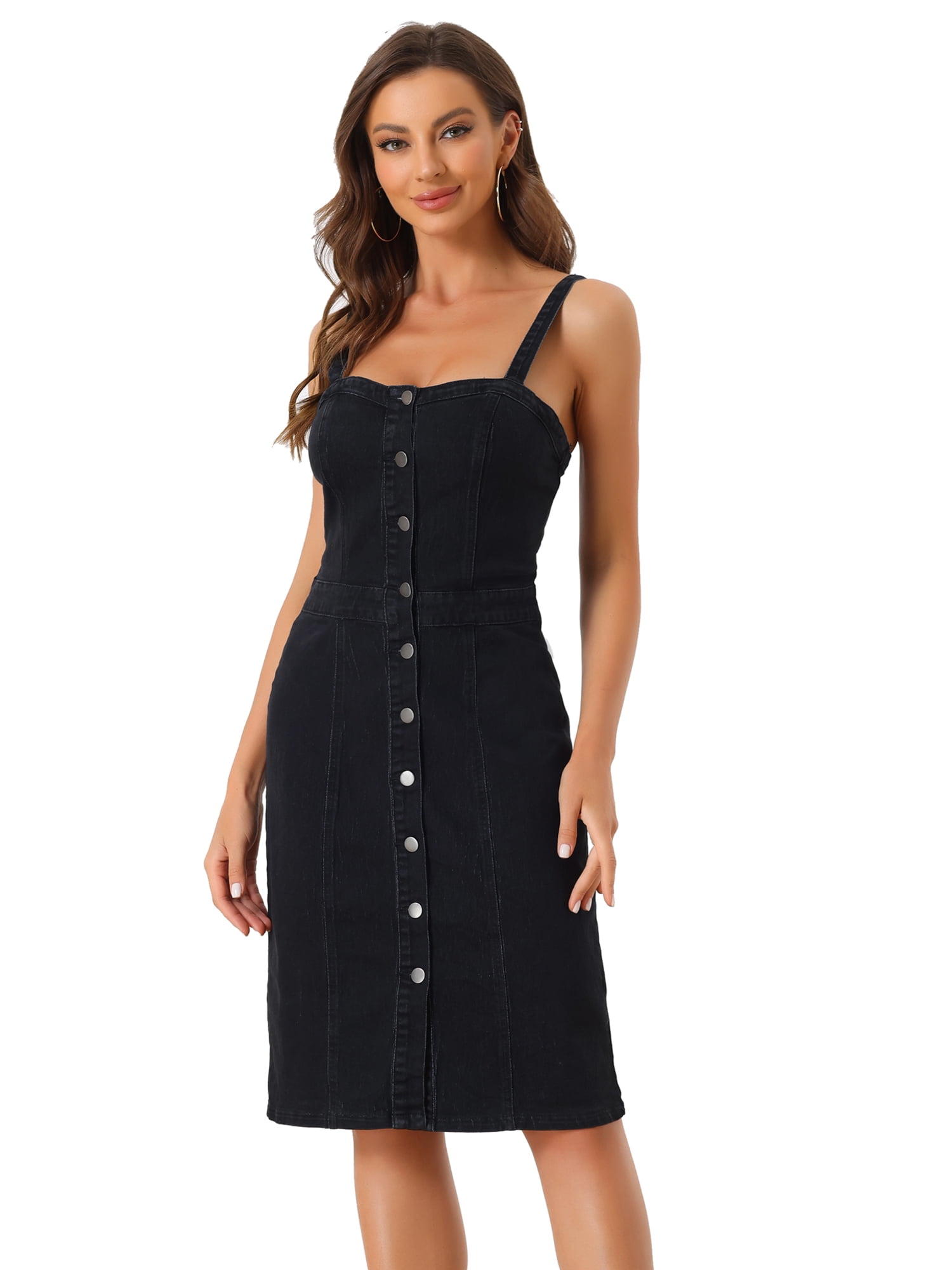 DARING DIVA Button Down Denim Sleeveless Sweetheart Neck Jean Dresses L Black