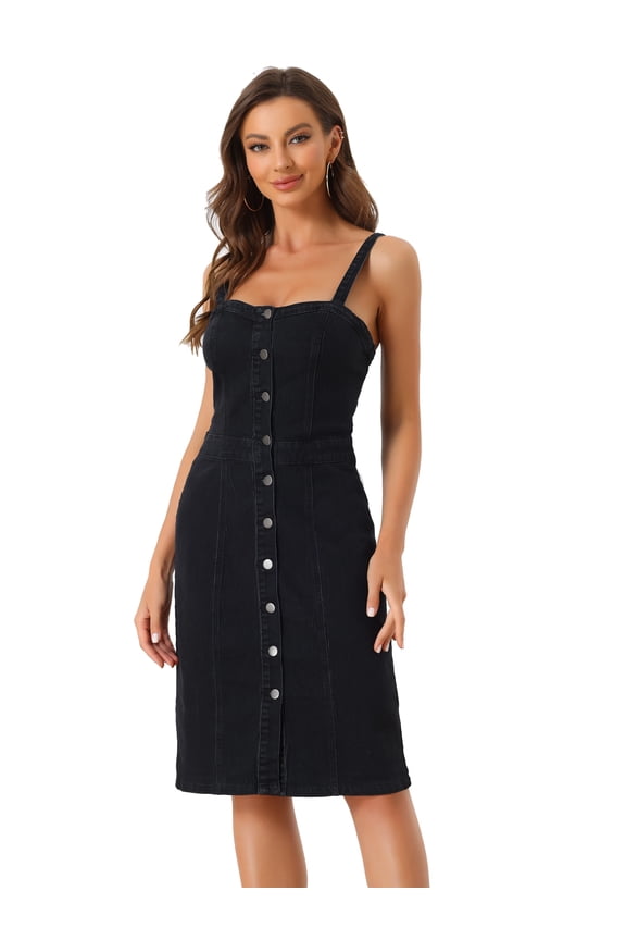 Button Down Denim Sleeveless Sweetheart Neck Jean Dresses L Black
