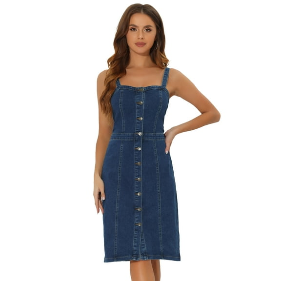 DARING DIVA Button Down Denim Sleeveless Sweetheart Neck Jean Dresses M Dark Blue