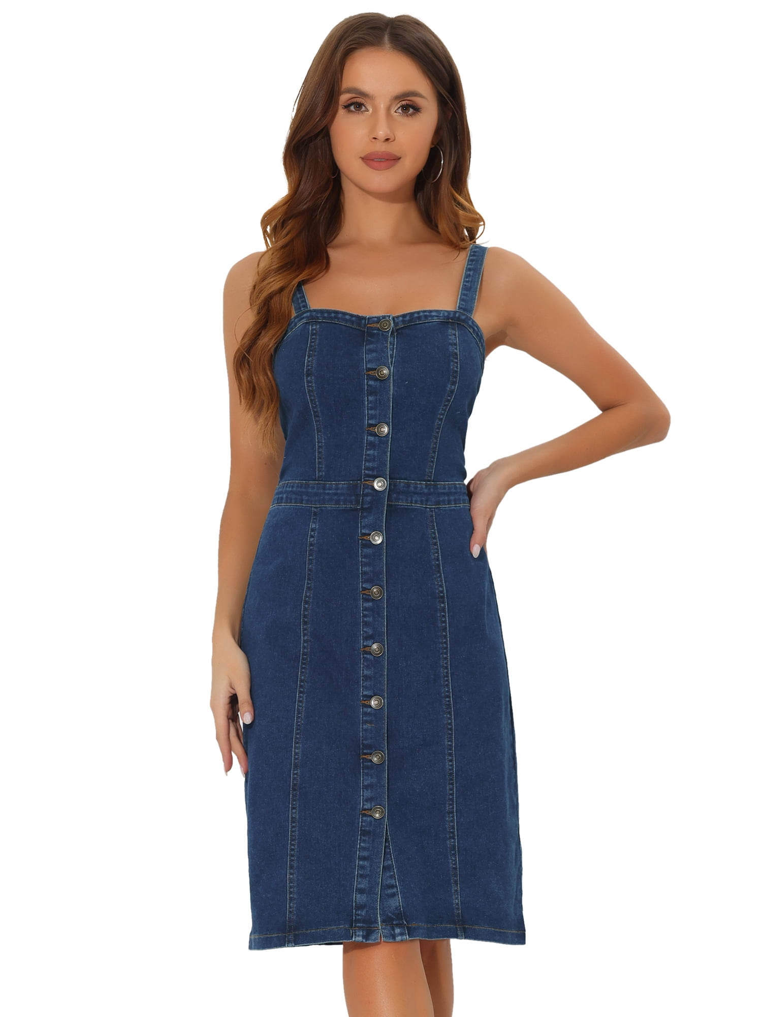 DARING DIVA Button Down Denim Sleeveless Sweetheart Neck Jean Dresses S Dark Blue