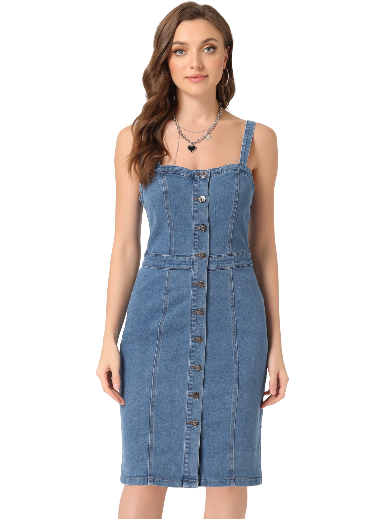 DARING DIVA Button Down Denim Sleeveless Sweetheart Neck Jean Dresses S Light Blue
