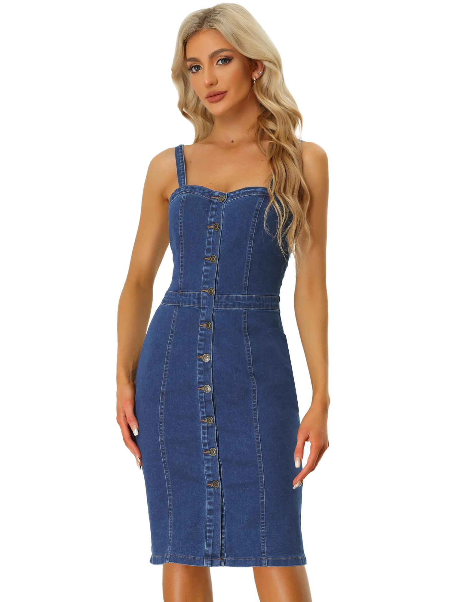 DARING DIVA Button Down Denim Sleeveless Sweetheart Neck Jean Dresses XS Blue