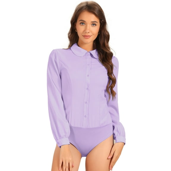 DARING DIVA Button Down Leotard Shirt Peter Pan Collar Blouse S Light Purple