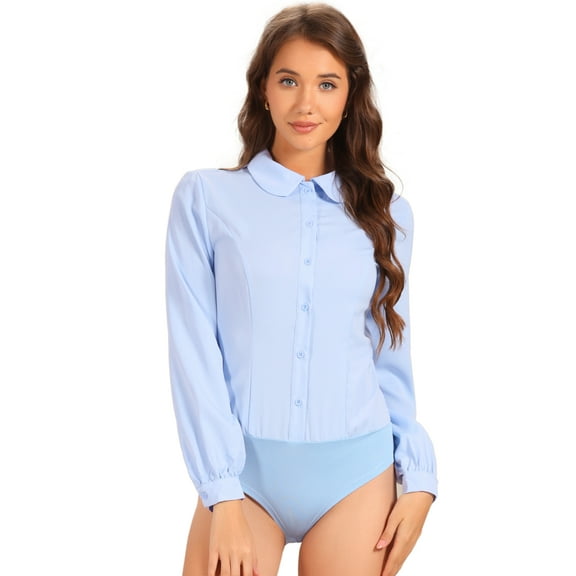 DARING DIVA Button Down Leotard Shirt Peter Pan Collar Blouse XL Light Blue
