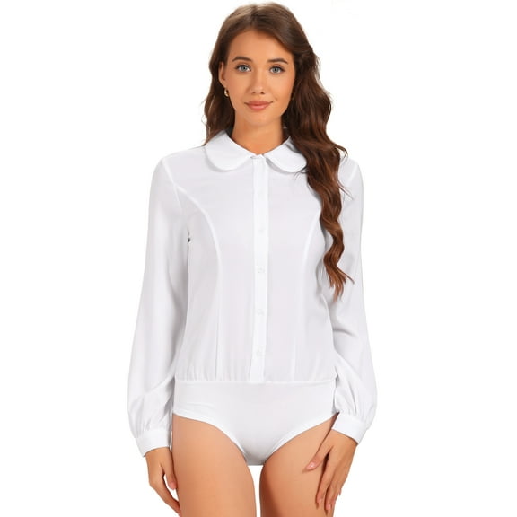 DARING DIVA Button Down Leotard Shirt Peter Pan Collar Blouse XS White