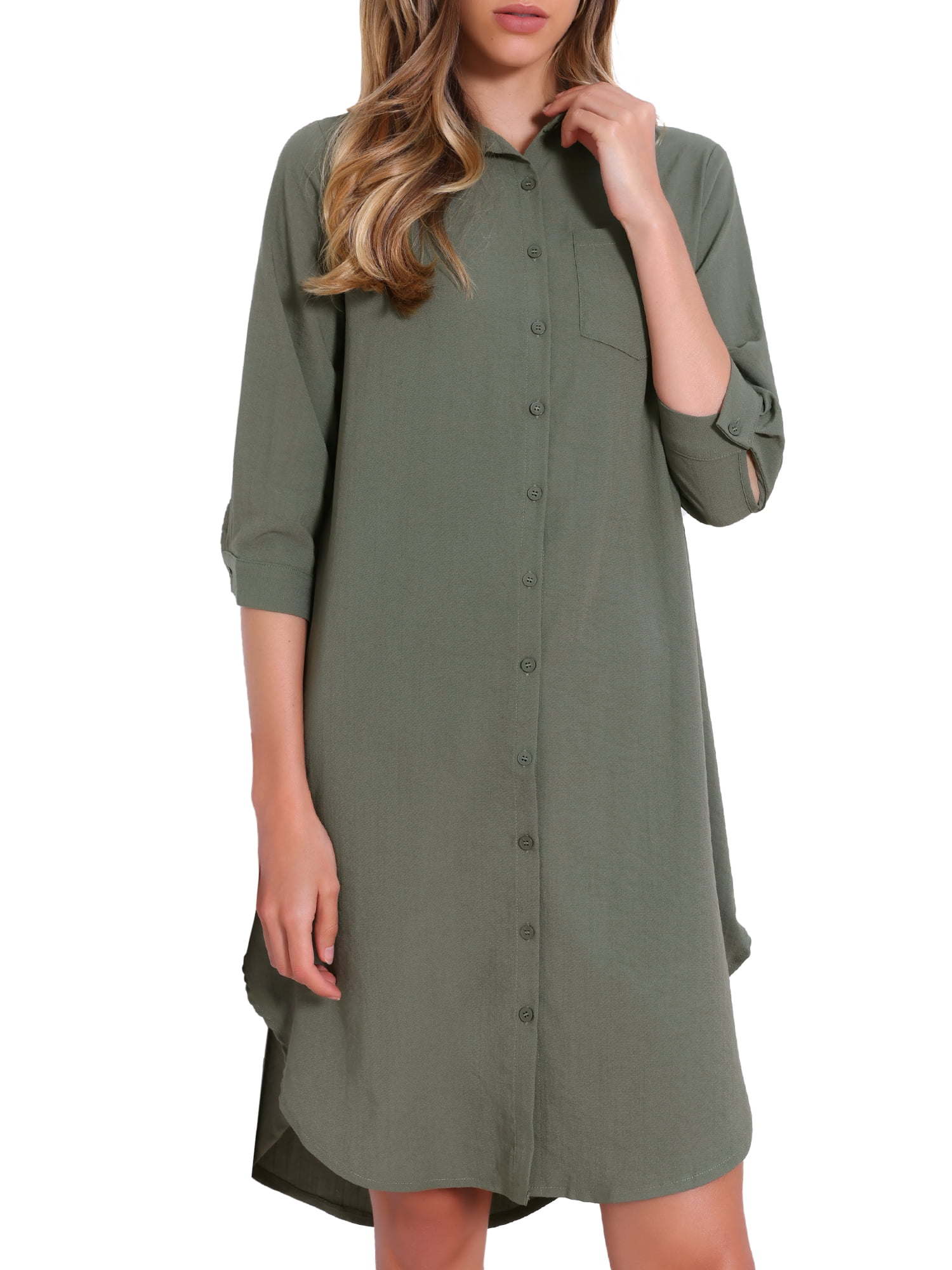 DARING DIVA Button Down Shirt Collar 3/4 Sleeve Shirts Dress XS Army Green