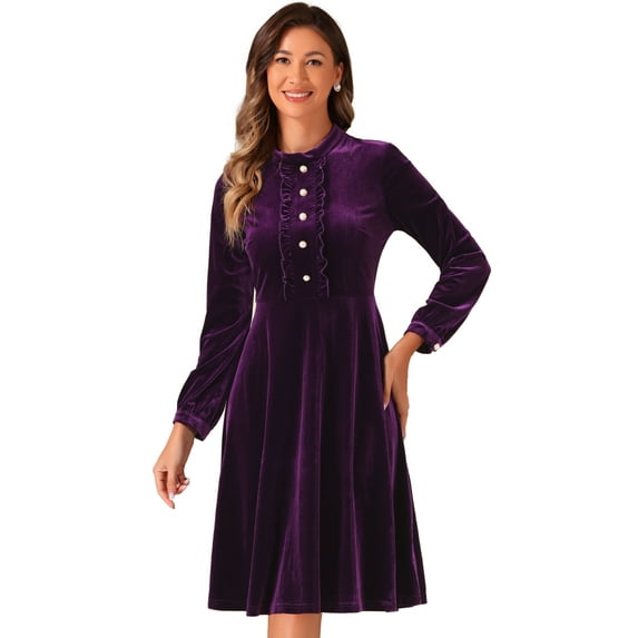 DARING DIVA Button Front Ruffle Velvet Dress L Dark Purple