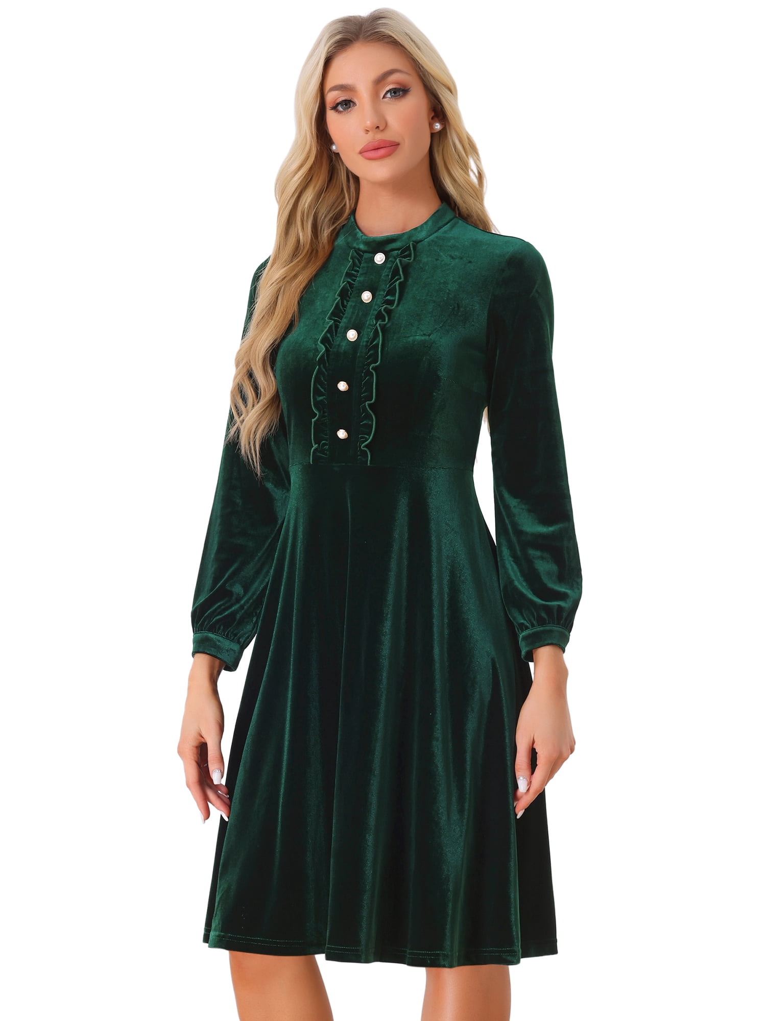DARING DIVA Button Front Ruffle Velvet Dress S Dark Green