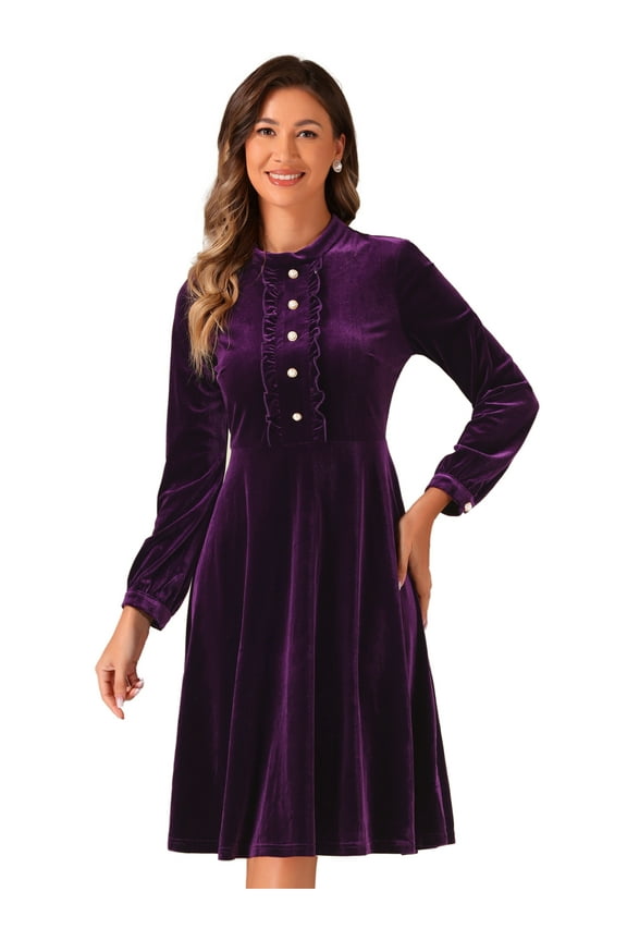 Button Front Ruffle Velvet Dress S Dark Purple